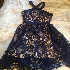 Navy and nude cocktail dress